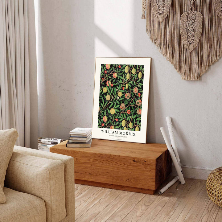 Striking citrus-themed wall hanging featuring bright yellow William Morris lemons, green leaves, and red flowers from the Victoria and Albert Museum collection.