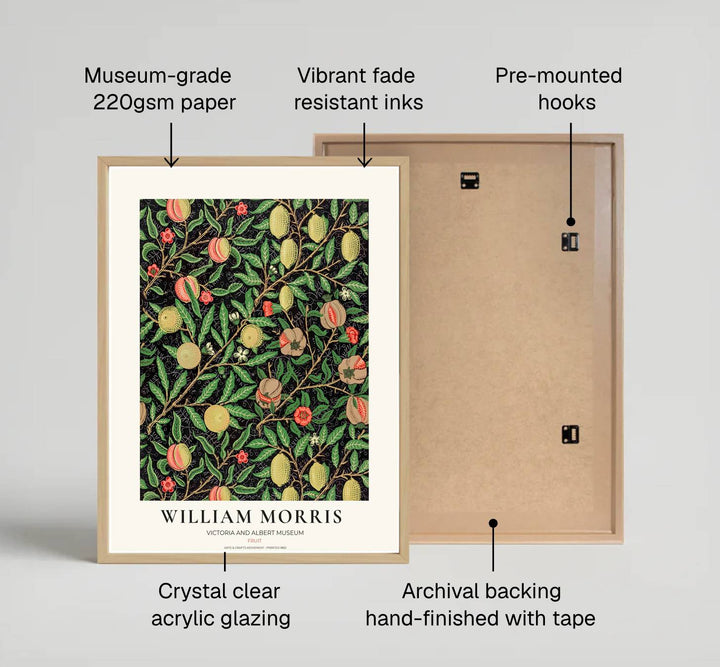 Vintage English heritage poster showing a dense canopy of William Morris lemon branches and pomegranates printed on acid-free archival paper.