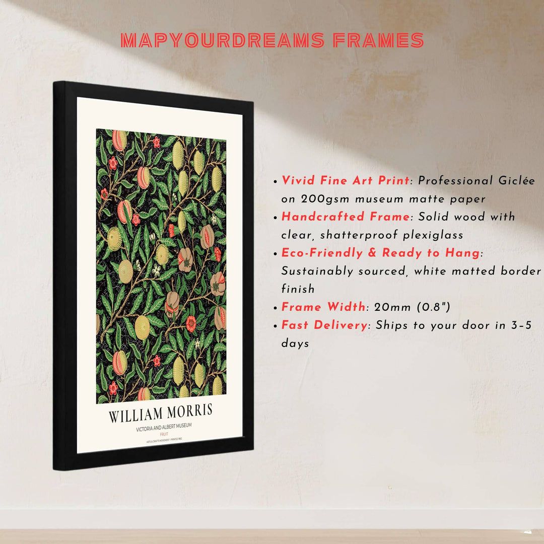 Detailed botanical illustration of ripe lemons and burst pomegranates on winding branches against a dramatic black background by William Morris.