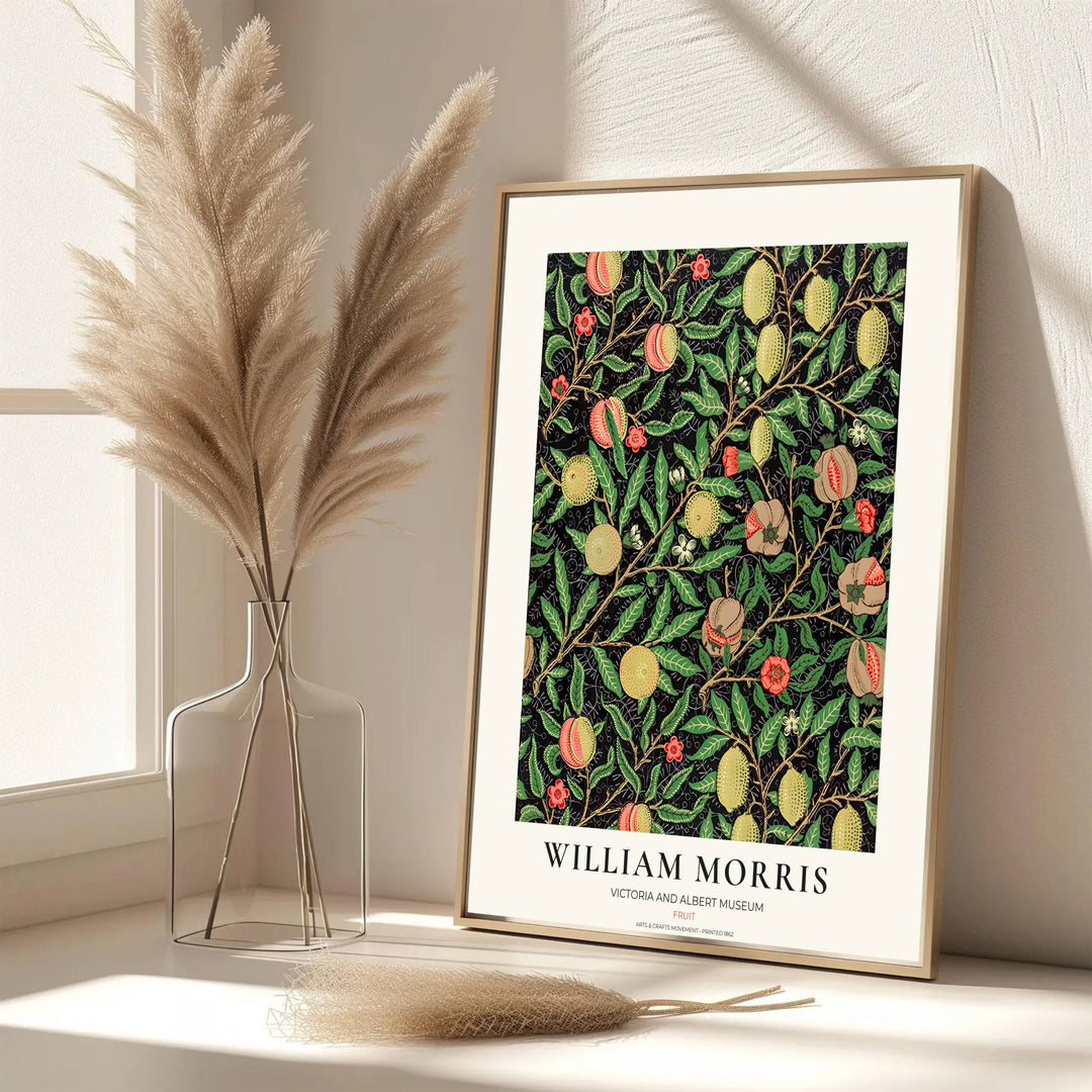 Beautiful William Morris Fruit artwork showcasing 19th-century textile graphics and organic branch symmetry on a deep black field.