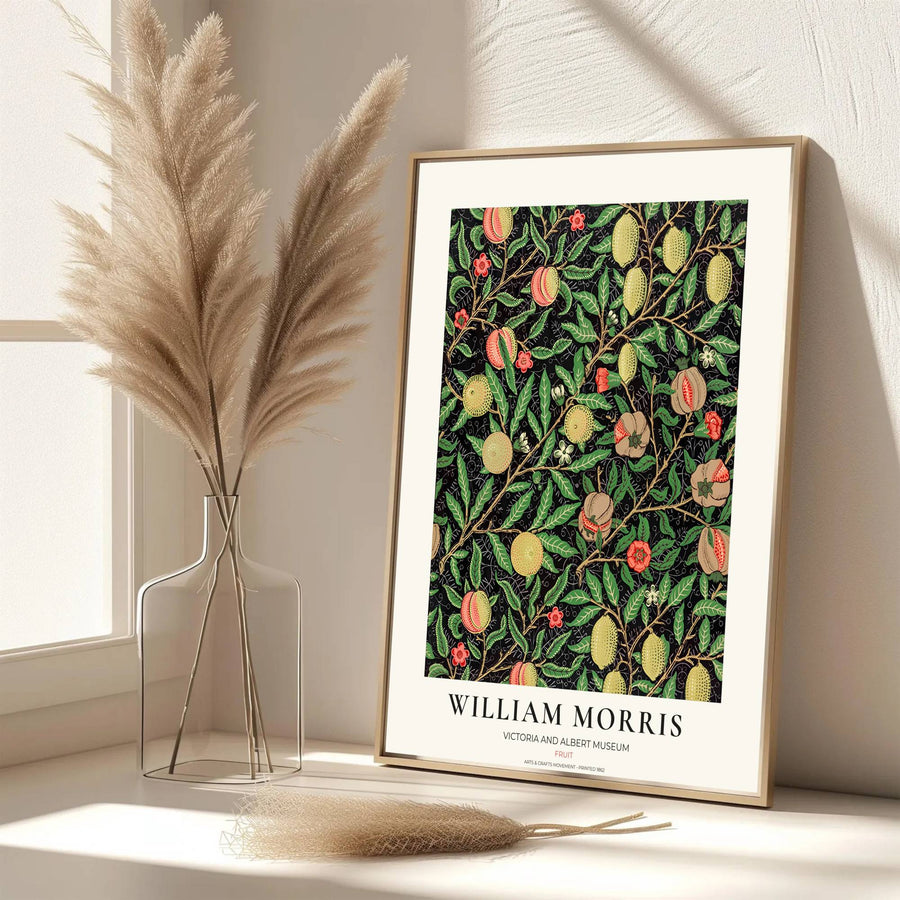 Beautiful William Morris Fruit artwork showcasing 19th-century textile graphics and organic branch symmetry on a deep black field.