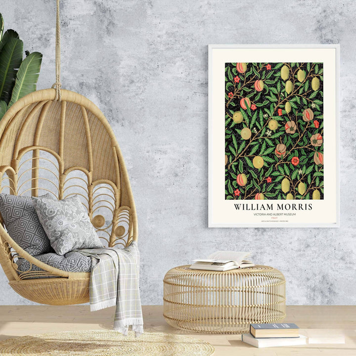Moody fruit tapestry print illustrating ripe William Morris lemons and pomegranates, designed to coordinate effortlessly with dark interior decor schemes.