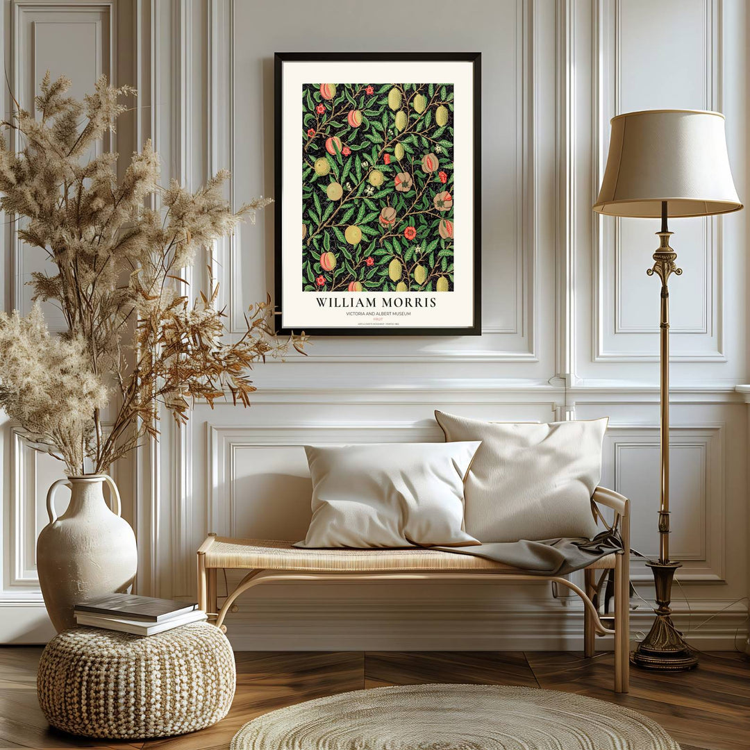Fine art print of the William Morris Pomegranate design, displaying historic botanical craftsmanship and detailed fruit illustrations for bedroom walls.