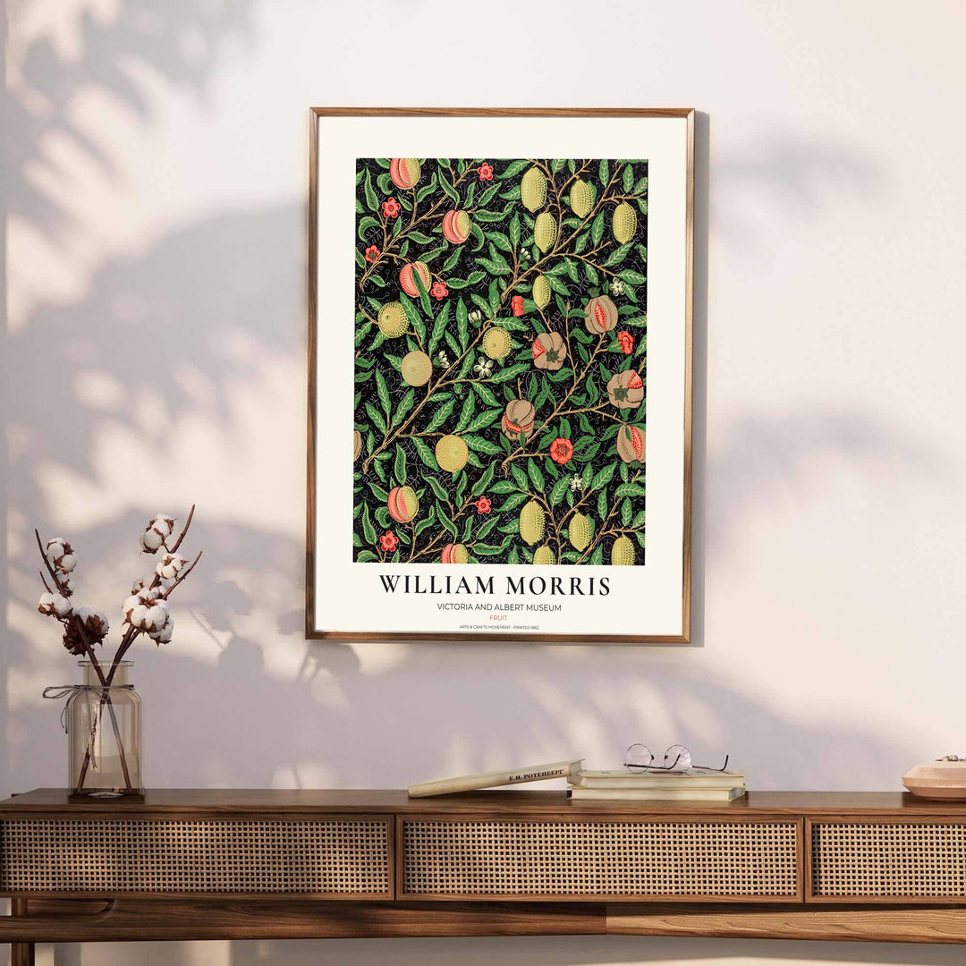 Archival exhibition poster of the dark black William Morris Fruit design, featuring authentic museum typography and restored Victorian artwork.