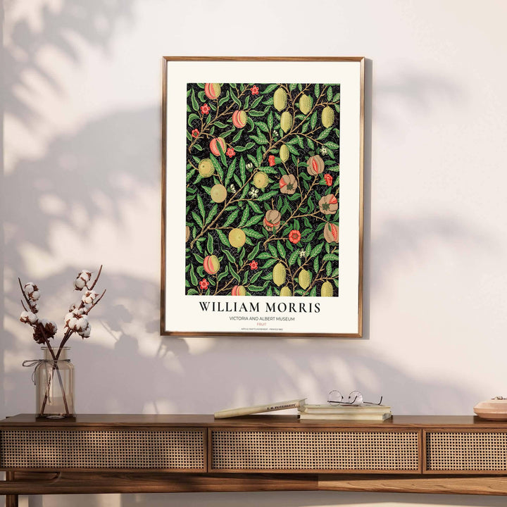 Archival exhibition poster of the dark black William Morris Fruit design, featuring authentic museum typography and restored Victorian artwork.