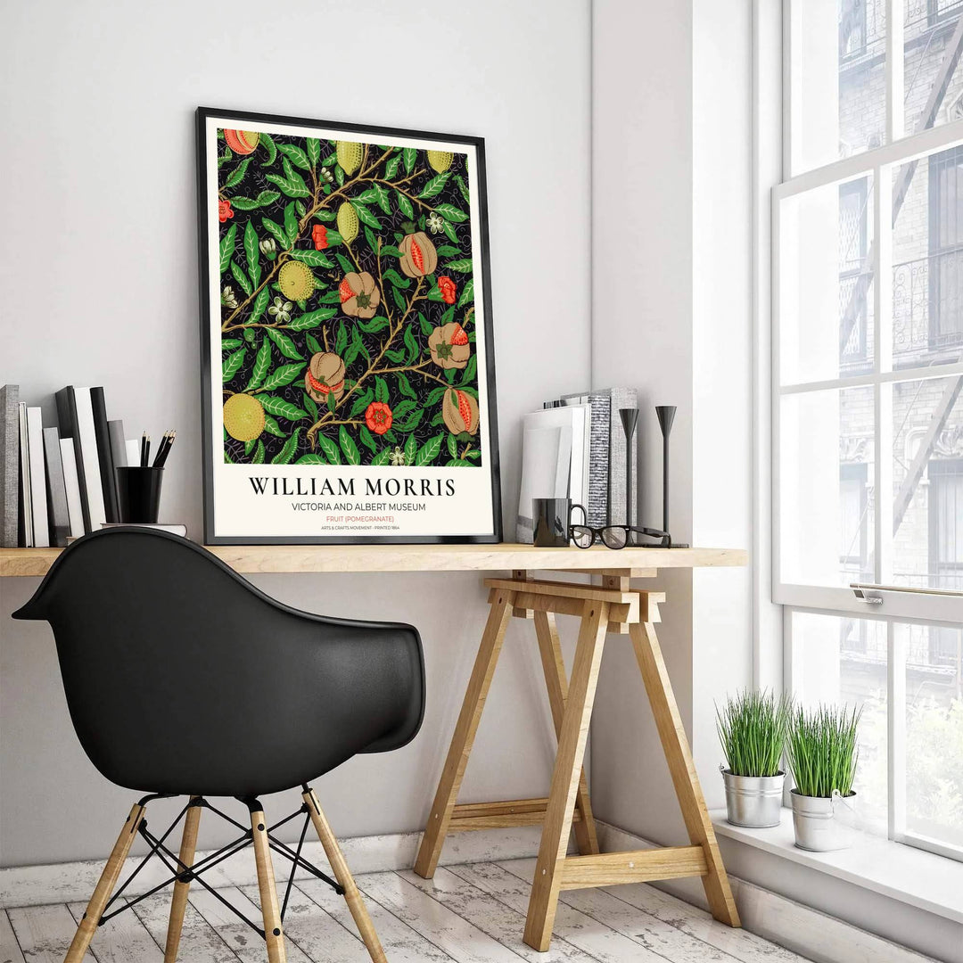 Moody fruit tapestry print illustrating ripe William Morris lemons and open pomegranates, designed to coordinate effortlessly with dark interior decor schemes. Select fine framed, unframed, and canvas options available at MapYourDreams.