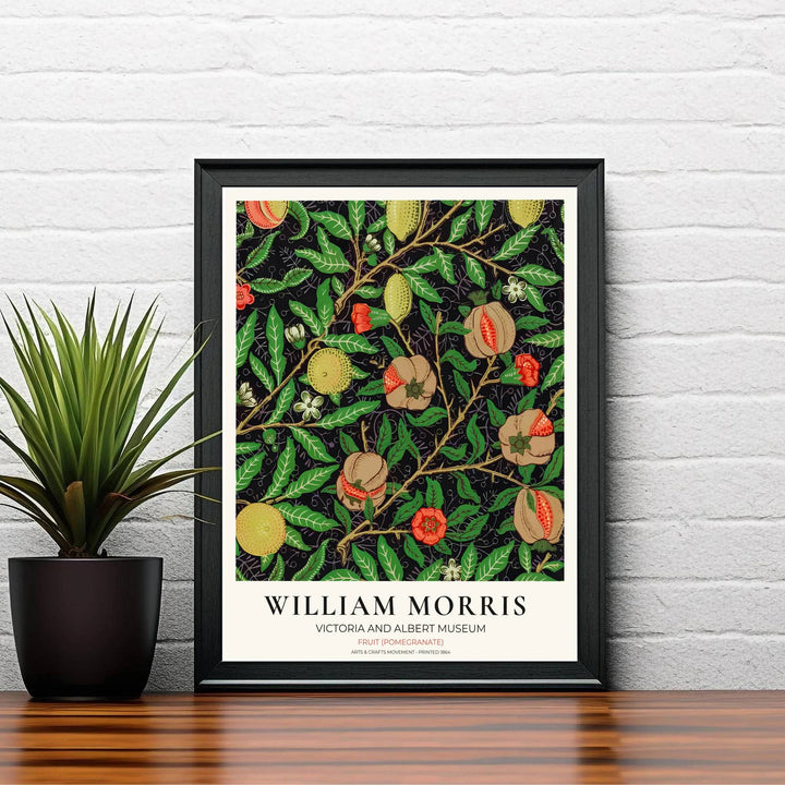 Archival exhibition poster of the dark William Morris Fruit Pomegranate design, featuring authentic museum typography and restored Victorian artwork. Discover our tailored framed, unframed, and canvas options available at MapYourDreams.