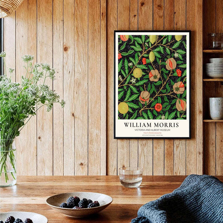 Dramatic kitchen art print displaying the 1864 William Morris Fruit layout with bright yellow citrus accents and delicate red flower blossoms. MapYourDreams has ready-to-hang framed, unframed, and canvas options available for decor.