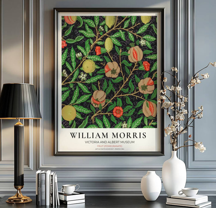Fine art print of the William Morris Pomegranate design, displaying historic botanical craftsmanship and detailed fruit illustrations for bedroom walls. MapYourDreams features top quality framed, unframed, and canvas options available.