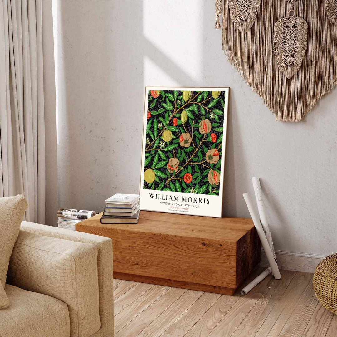 Vintage English heritage poster showing a dense canopy of William Morris lemon branches and pomegranates printed on acid-free archival paper. Explore our selection of framed, unframed, and canvas options available at MapYourDreams.