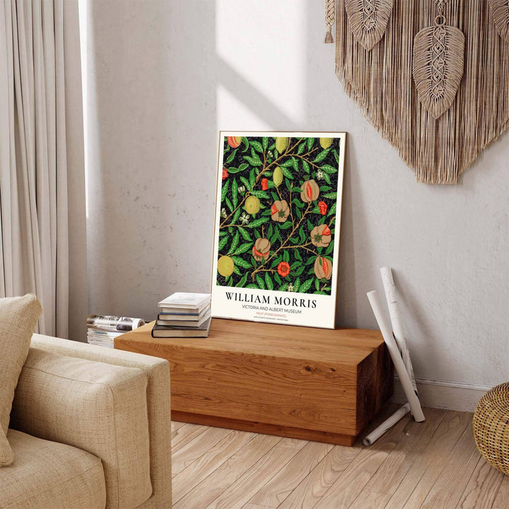 Vintage English heritage poster showing a dense canopy of William Morris lemon branches and pomegranates printed on acid-free archival paper. Explore our selection of framed, unframed, and canvas options available at MapYourDreams.