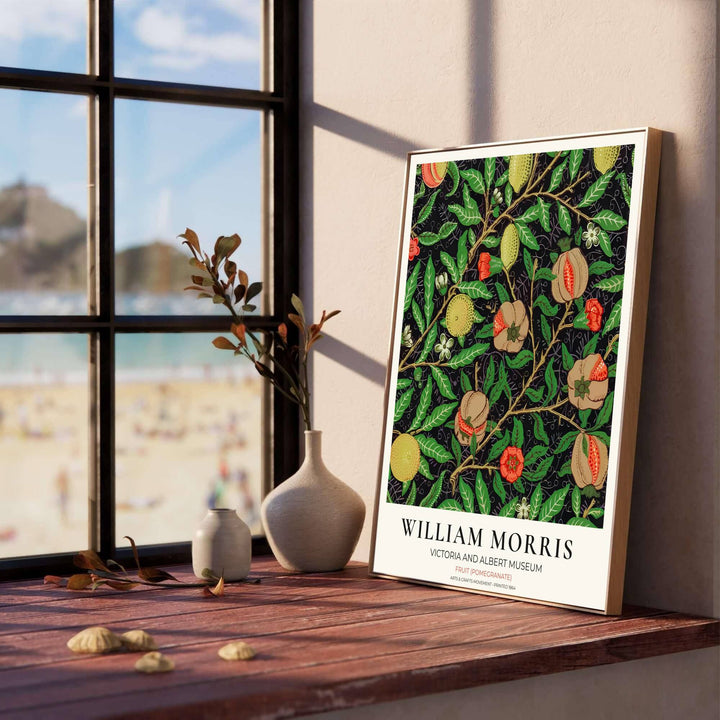 Intricate foliage and fruit pattern art print by William Morris, ideal for creating a dramatic, nature-inspired focal point in modern kitchen interiors. MapYourDreams offers museum-grade framed, unframed, and canvas options available.