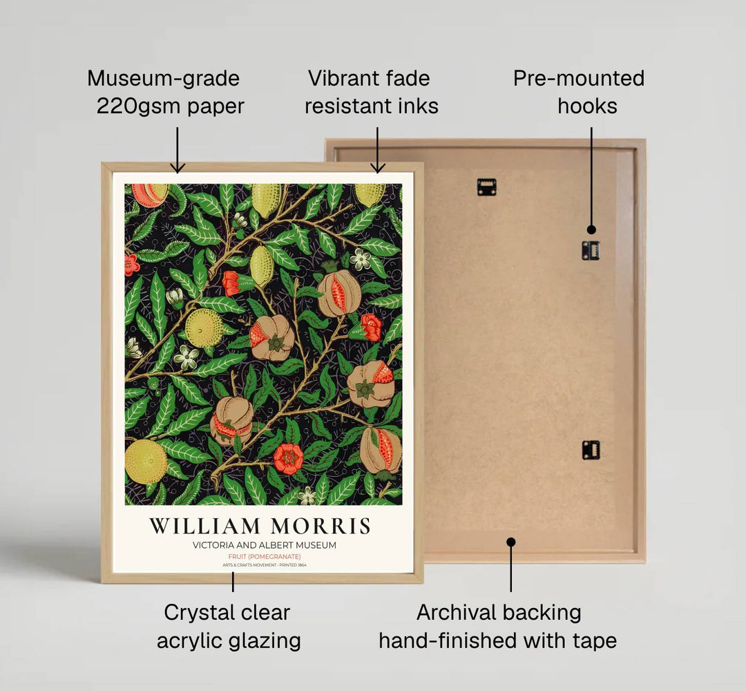 Restored 1864 William Morris exhibition poster combining dark background aesthetics with historic British Arts and Crafts Movement art. Shop stunning high quality framed, unframed, and canvas options available at MapYourDreams.