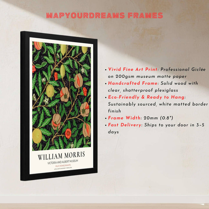 Dramatic dark botanical art poster by William Morris featuring pomegranates and lemons, perfect for styling moody dining room wall spaces.