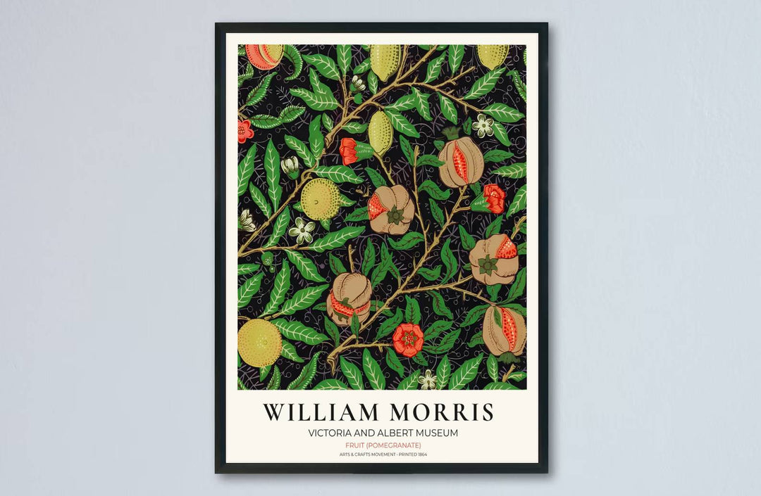 Detailed botanical illustration of ripe lemons and burst pomegranates on winding branches against a dramatic dark background by William Morris. MapYourDreams provides archival framed, unframed, and canvas options available to buy.