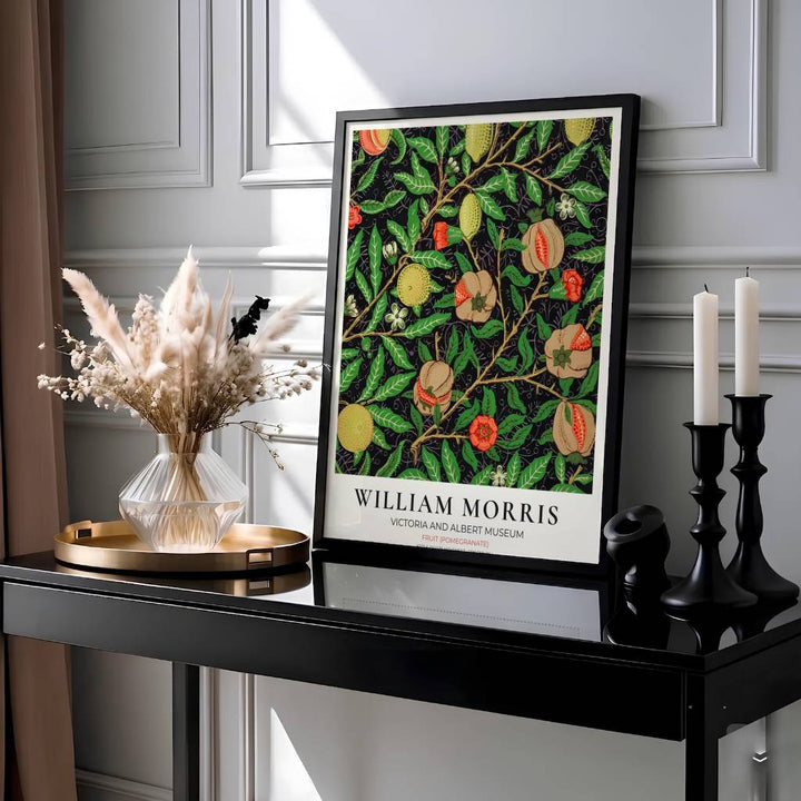 Moody Victorian kitchen wall decor print showing the famous 1864 William Morris Fruit Pomegranate pattern set against a rich dark backdrop.