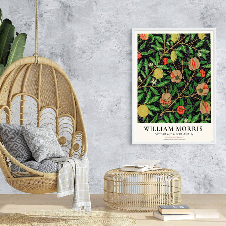 Beautiful William Morris Fruit Pomegranate artwork showcasing 19th-century textile graphics and organic branch symmetry on a dark field. MapYourDreams presents professional framed, unframed, and canvas options available for display.