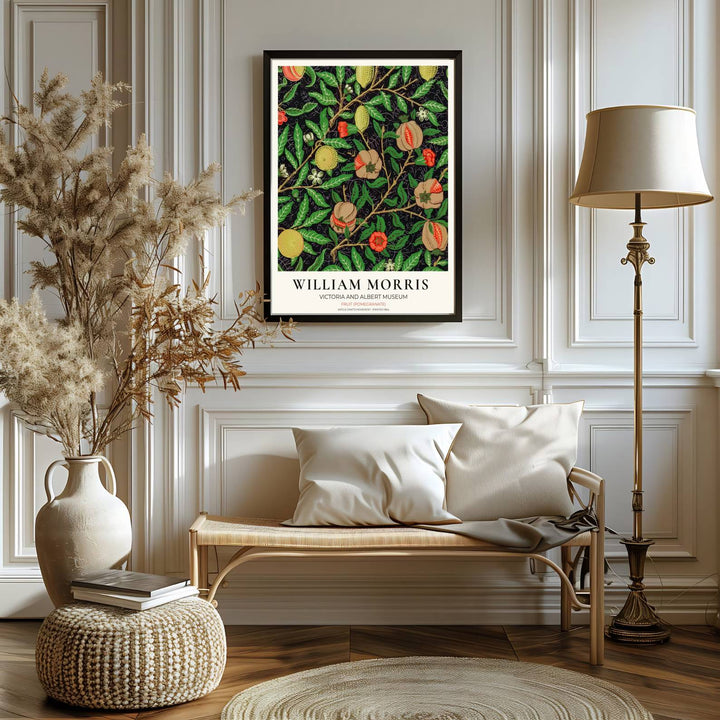 Charming dark academia botanical poster illustrating 19th-century William Morris fruit patterns with exhibition lettering at the base. MapYourDreams brings you beautiful framed, unframed, and canvas options available for wall styling.