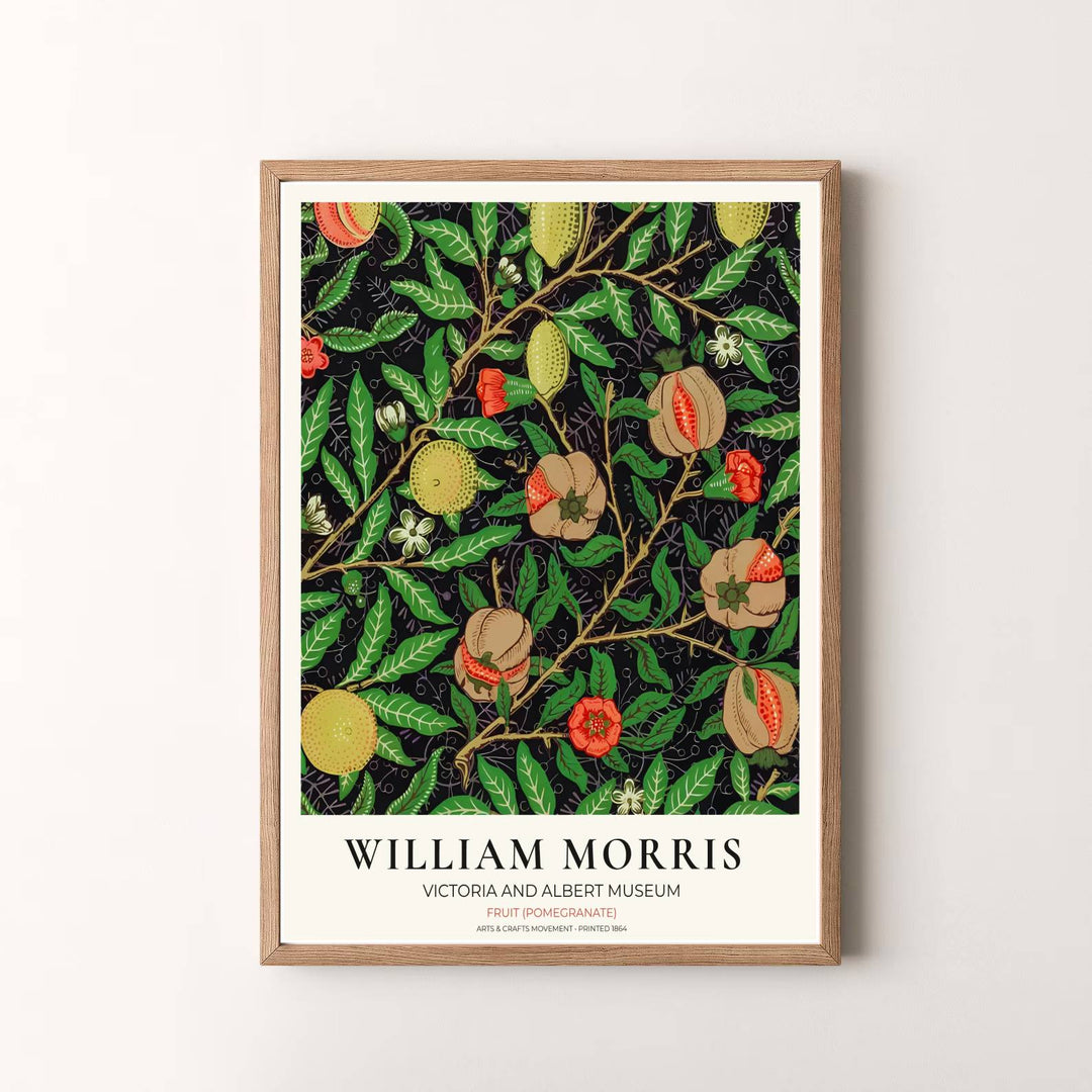 Classic English decorative poster showcasing the 1864 William Morris Fruit Pomegranate design, ideal for framing in dining nooks, libraries, and kitchens. Browse fine framed, unframed, and canvas options available at MapYourDreams.