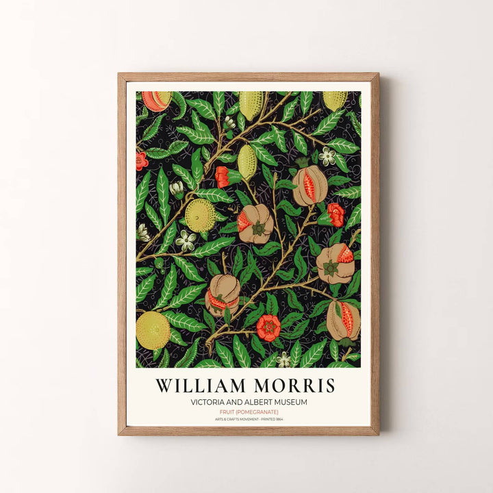 Classic English decorative poster showcasing the 1864 William Morris Fruit Pomegranate design, ideal for framing in dining nooks, libraries, and kitchens. Browse fine framed, unframed, and canvas options available at MapYourDreams.