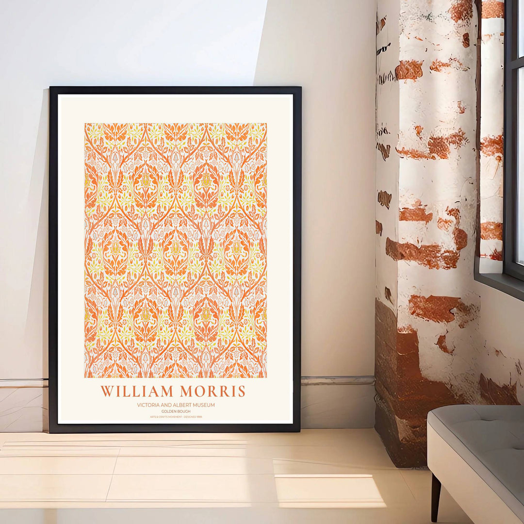Intertwining marigold orange branches and peach crests by William Morris rendered in warm terracotta tones. Choose high quality framed, unframed, and canvas options available at MapYourDreams today.