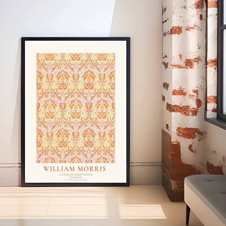 Intertwining marigold orange branches and peach crests by William Morris rendered in warm terracotta tones. Choose high quality framed, unframed, and canvas options available at MapYourDreams today.