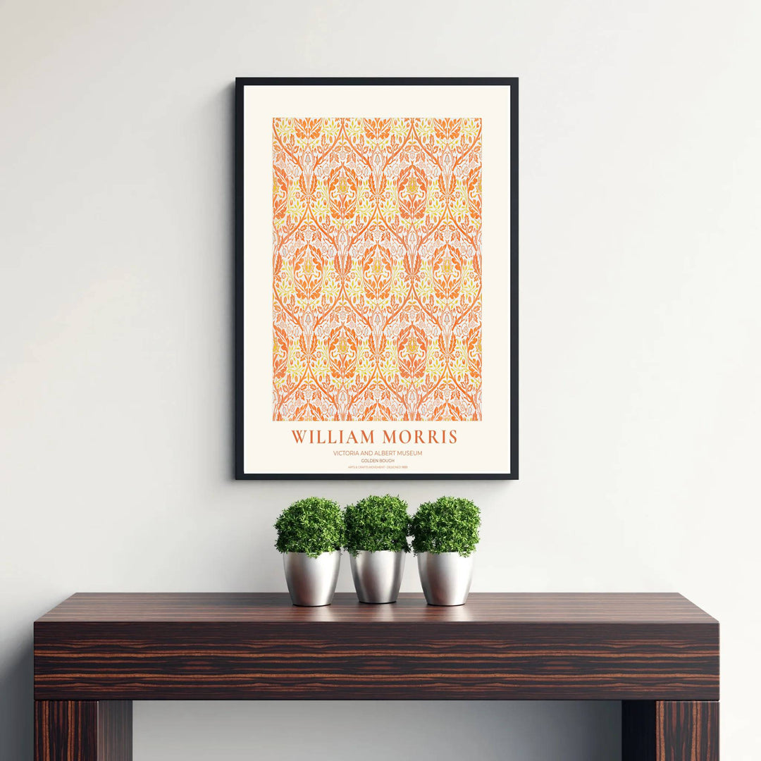 Bright orange botanical art poster by William Morris featuring acanthus leaves, perfect for cheerful living room wall spaces. Select from elegant framed, unframed, and canvas options available at MapYourDreams.