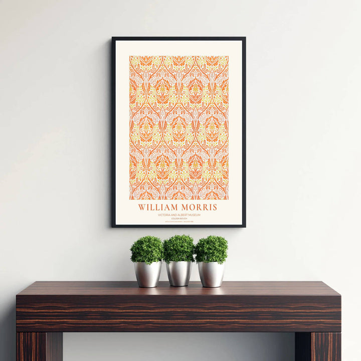 Bright orange botanical art poster by William Morris featuring acanthus leaves, perfect for cheerful living room wall spaces. Select from elegant framed, unframed, and canvas options available at MapYourDreams.