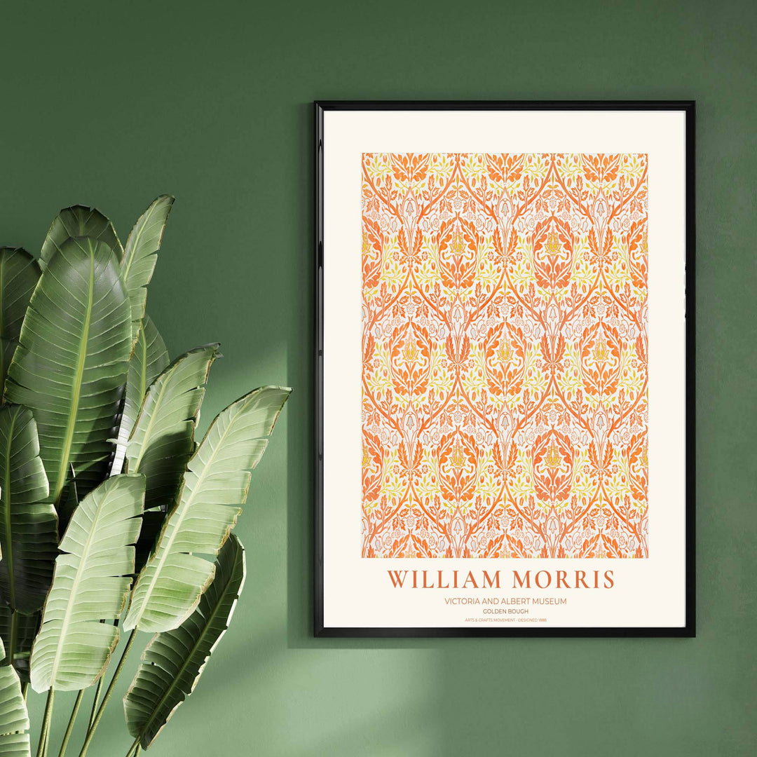 Warm golden yellow and terracotta branches in a restored vintage William Morris Golden Bough exhibition print. MapYourDreams offers custom framed, unframed, and canvas options available for any room decor.