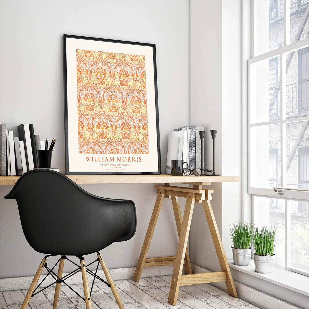 Close-up view of warm terracotta leaves and golden yellow floral crests from the William Morris Golden Bough exhibition poster. MapYourDreams offers versatile framed, unframed, and canvas options available online.