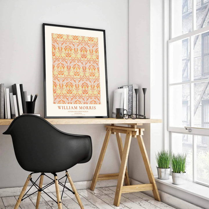 Close-up view of warm terracotta leaves and golden yellow floral crests from the William Morris Golden Bough exhibition poster. MapYourDreams offers versatile framed, unframed, and canvas options available online.