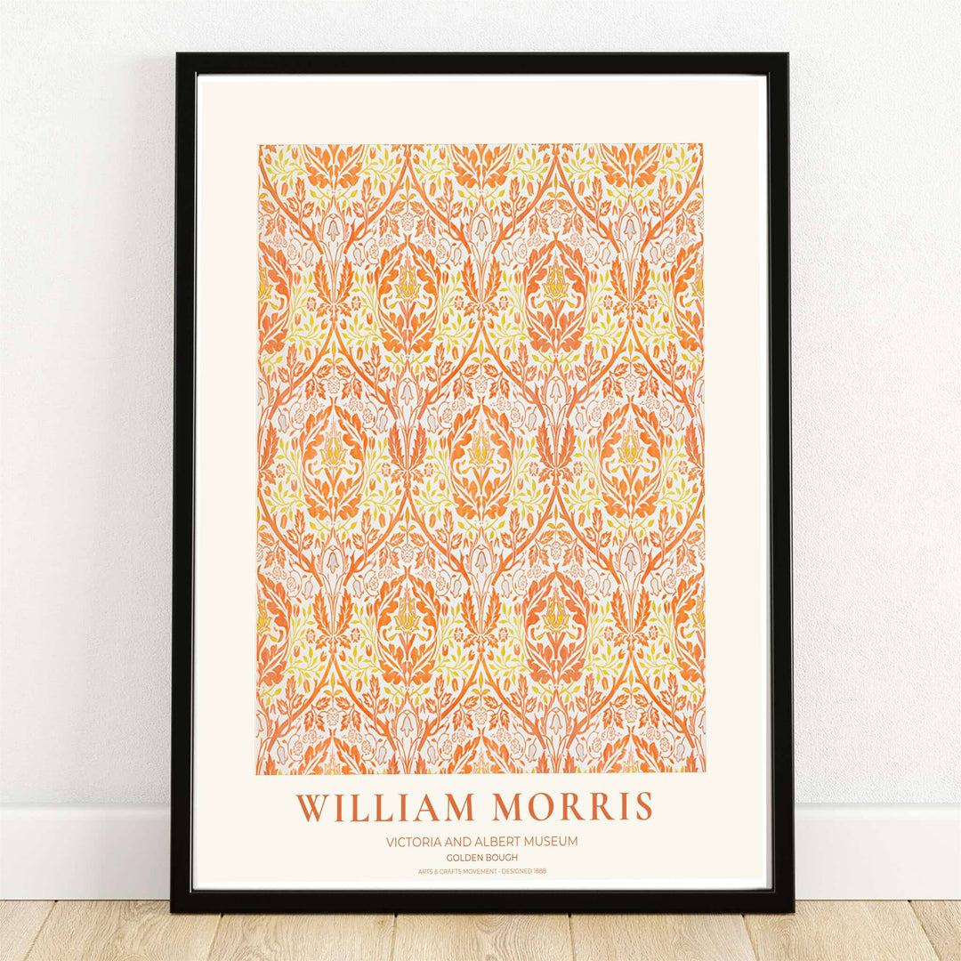 Vibrant marigold orange damask acanthus leaves and golden branches in a William Morris Golden Bough floral print. MapYourDreams provides framed, unframed, and canvas options available for home interior decoration.