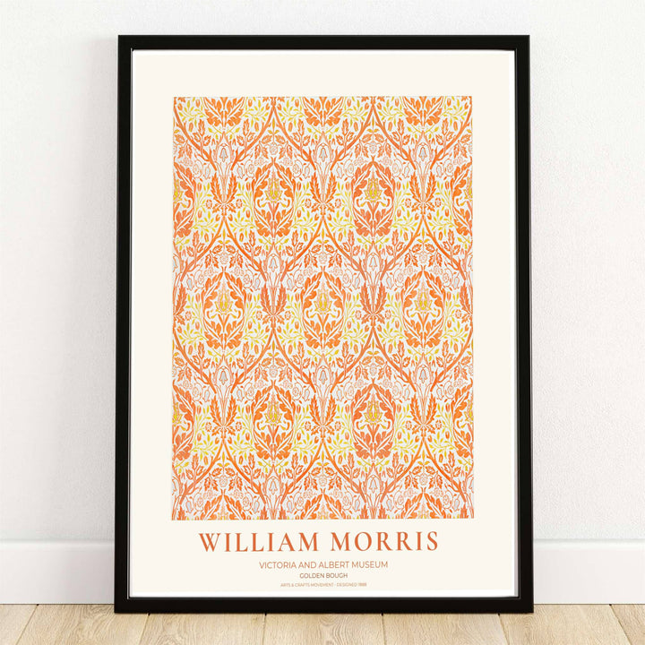 Vibrant marigold orange damask acanthus leaves and golden branches in a William Morris Golden Bough floral print. MapYourDreams provides framed, unframed, and canvas options available for home interior decoration.