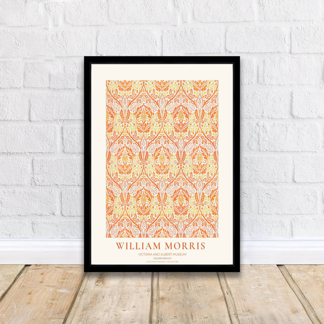 Classic English decorative poster showcasing the 1888 William Morris Golden Bough design, ideal for dining nooks and living rooms. Browse fine framed, unframed, and canvas options available at MapYourDreams.