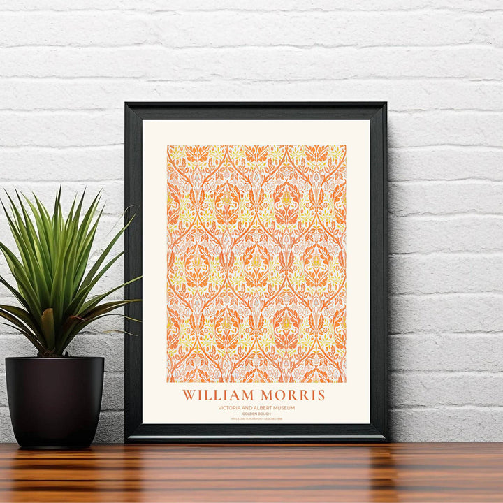 High-contrast orange floral pattern artwork by William Morris featuring Golden Bough acanthus foliage for home gallery walls. Order archival framed, unframed, and canvas options available at MapYourDreams now.