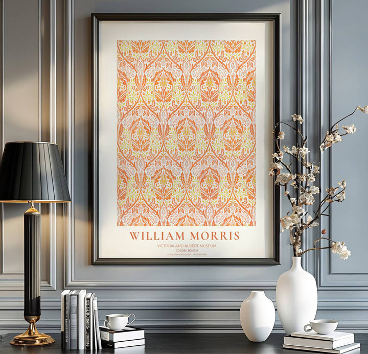 Charming vintage botanical poster illustrating 19th-century William Morris Golden Bough foliage with museum text. MapYourDreams brings you beautiful framed, unframed, and canvas options available for wall styling.