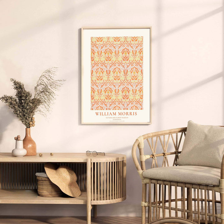 Charming vintage botanical poster illustrating 19th-century William Morris Golden Bough foliage with museum text. MapYourDreams brings you beautiful framed, unframed, and canvas options available for wall styling.