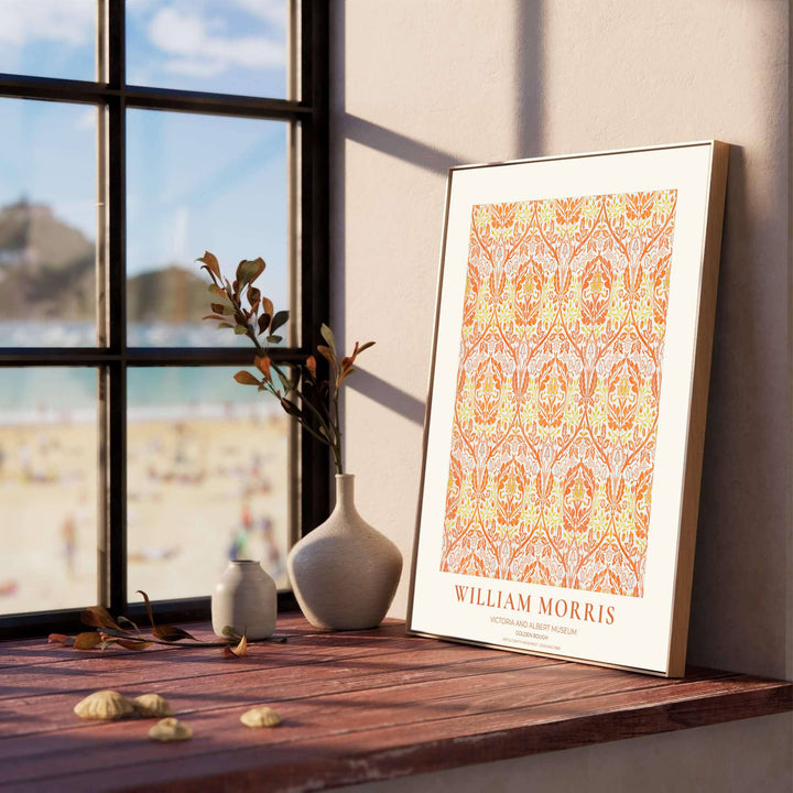 Elegant William Morris heritage wallpaper print showing fiery orange damask foliage framed by a clean cream museum margin. Explore durable framed, unframed, and canvas options available from MapYourDreams.