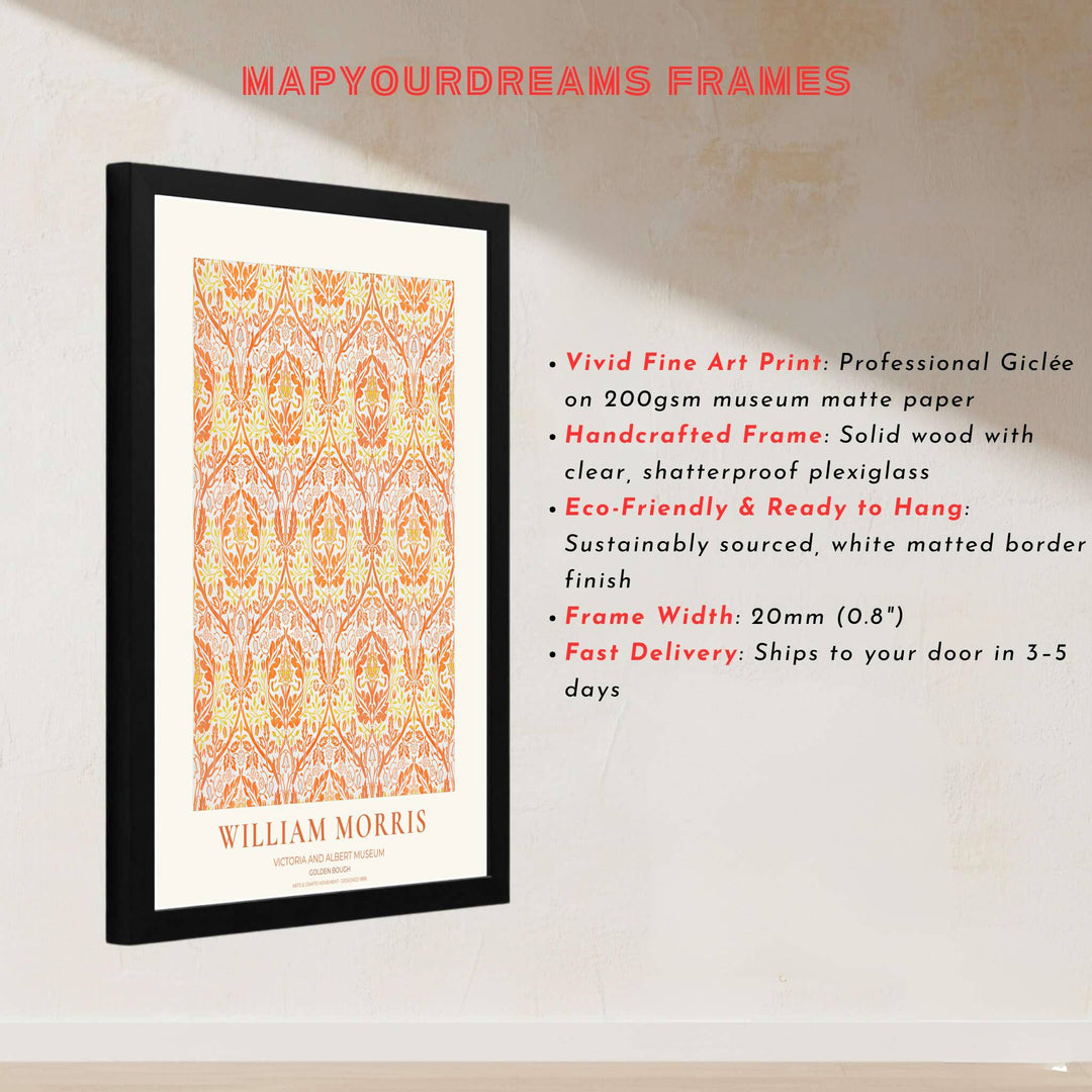 Striking orange and yellow floral wall hanging featuring William Morris Golden Bough motifs from the Victoria and Albert Museum collection. Choose framed, unframed, and canvas options available from MapYourDreams.