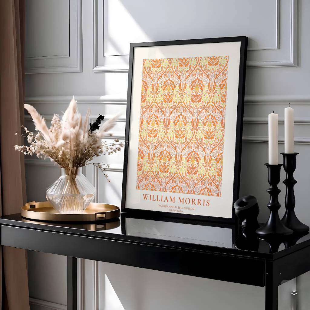 Symmetrical 1888 William Morris Golden Bough wallpaper pattern with terracotta floral crests on a light field. Shop high quality framed, unframed, and canvas options available today at MapYourDreams.