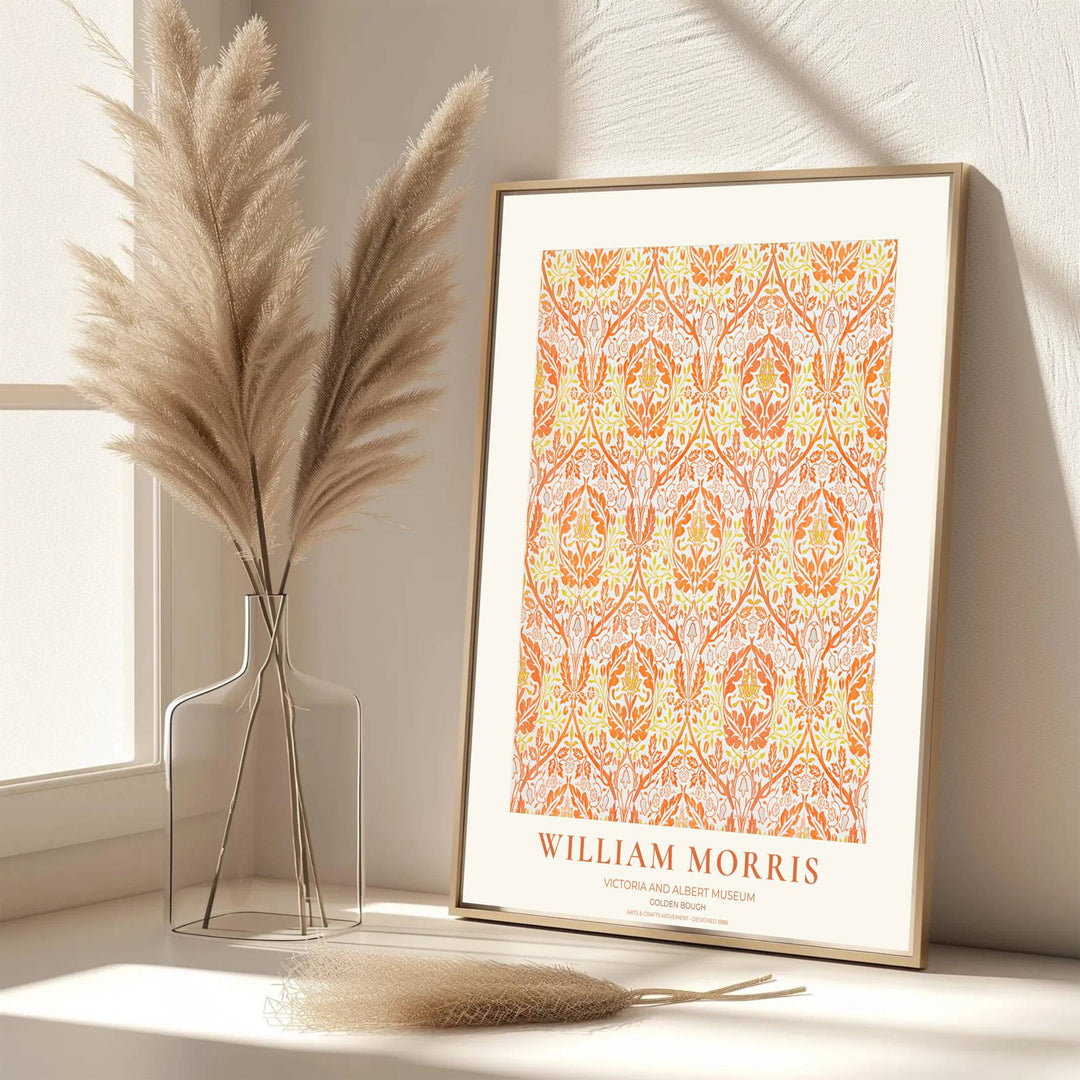 Luminous orange botanical decor print featuring acanthus foliage by William Morris, framed in a clean cream exhibition layout. Order your favorite framed, unframed, and canvas options available at MapYourDreams.