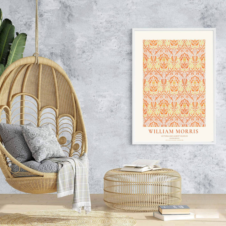 Beautiful William Morris Golden Bough artwork showcasing 19th-century textile graphics and orange damask symmetry. MapYourDreams presents professional framed, unframed, and canvas options available for display.