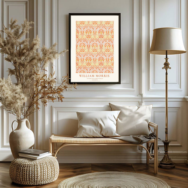 Terracotta floral tapestry print illustrating William Morris Golden Bough foliage, designed to coordinate effortlessly with warm interior schemes. Select fine framed, unframed, and canvas options available at MapYourDreams.