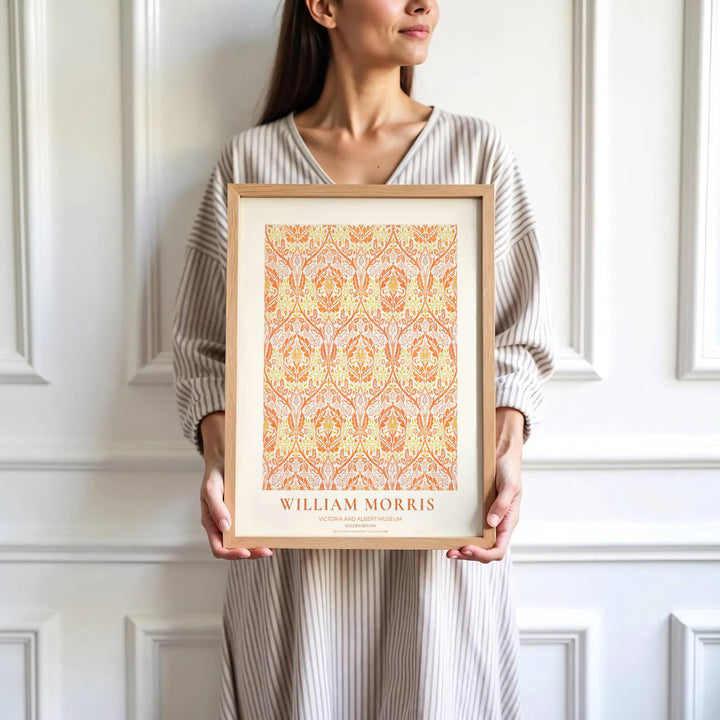 Fine art print of the William Morris Golden Bough design, displaying historic botanical craftsmanship and orange damask leaf details. MapYourDreams features top quality framed, unframed, and canvas options available.