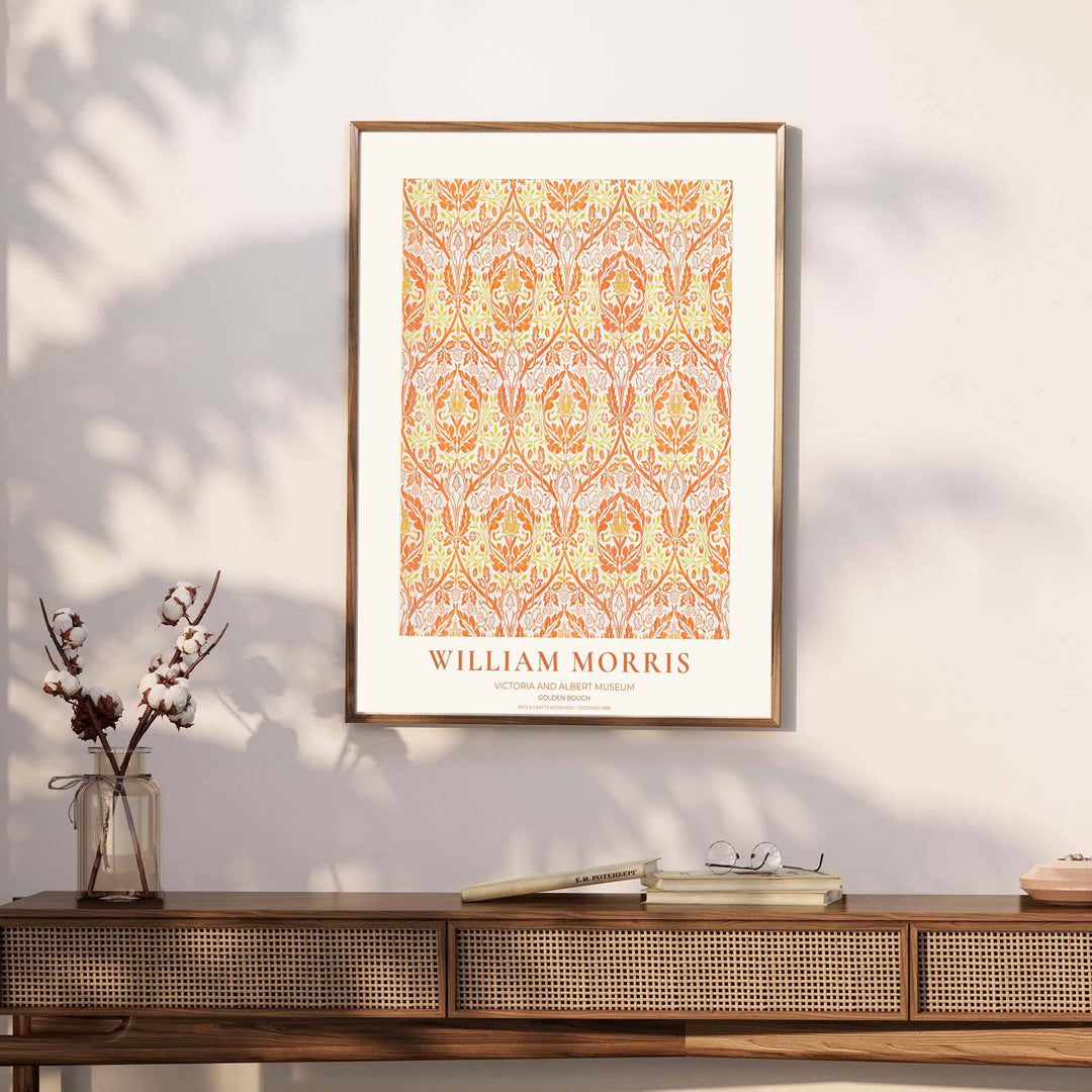 Bright living room art print displaying the 1888 William Morris Golden Bough layout with marigold yellow and peach accents. MapYourDreams has ready-to-hang framed, unframed, and canvas options available for decor.