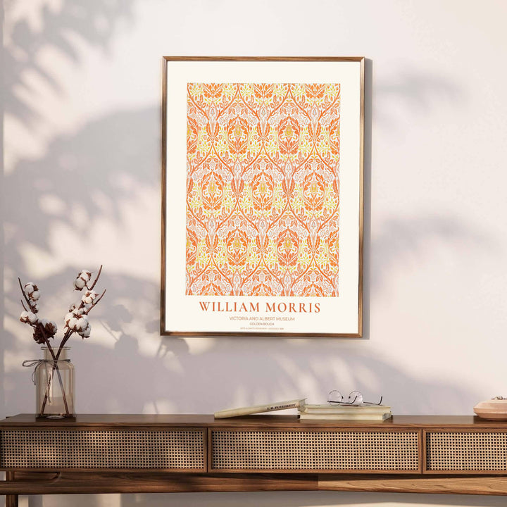 Bright living room art print displaying the 1888 William Morris Golden Bough layout with marigold yellow and peach accents. MapYourDreams has ready-to-hang framed, unframed, and canvas options available for decor.