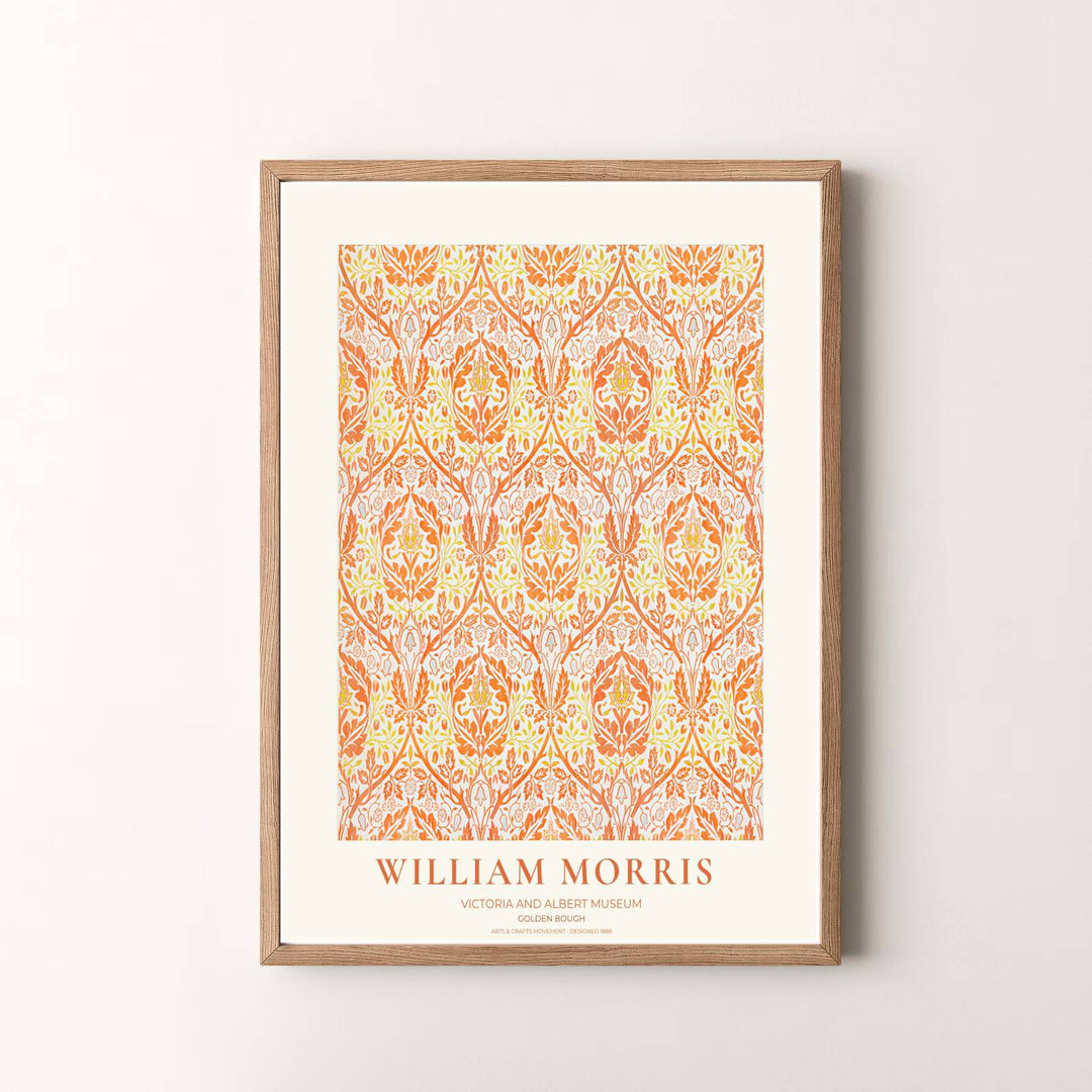 Vibrant botanical gallery wall piece featuring William Morris Golden Bough foliage rendered in marigold orange and golden yellow tones. Shop versatile framed, unframed, and canvas options available at MapYourDreams.