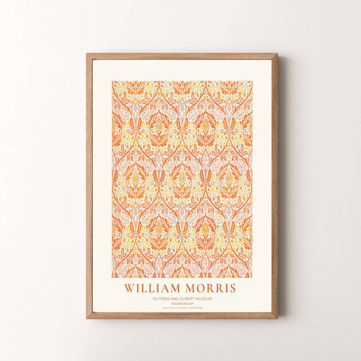 Vibrant botanical gallery wall piece featuring William Morris Golden Bough foliage rendered in marigold orange and golden yellow tones. Shop versatile framed, unframed, and canvas options available at MapYourDreams.