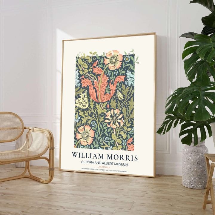 Historic Arts and Crafts Movement wall art print displaying the William Morris Golden Lily layout on a slate blue background. Discover premium framed, unframed, and canvas options available at MapYourDreams.