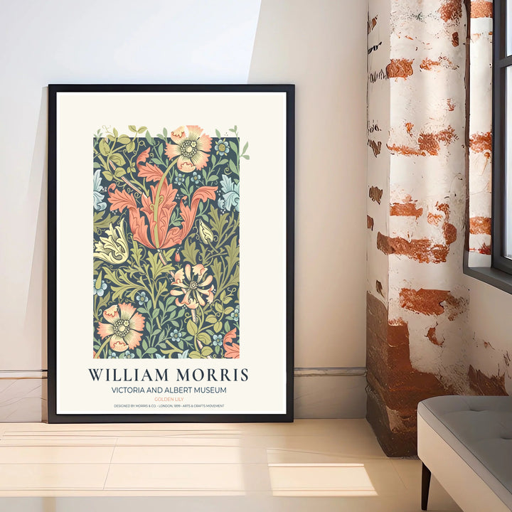 Intertwining peach lily stems and blue forget-me-nots by William Morris rendered in soft pastel tones over a dark backdrop. Choose high quality framed, unframed, and canvas options available at MapYourDreams today.